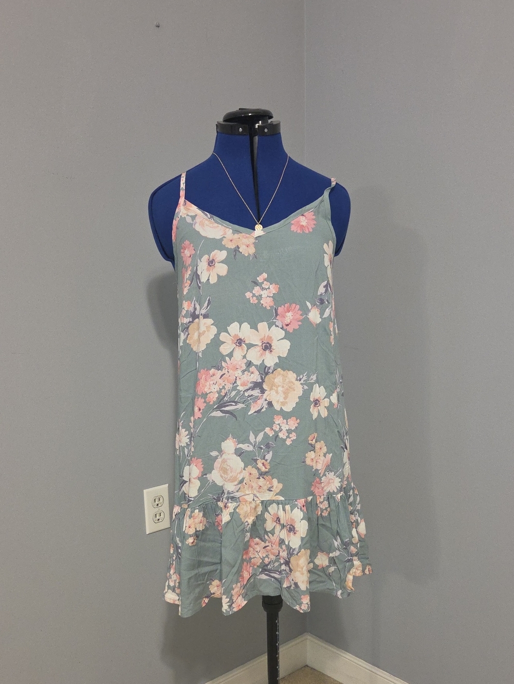 As U Wish Sage Floral Ruffle-Hem Mini Dress with Pink & Cream Blooms
